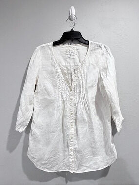 M&S Collection Pure Linen White Pintuck Button Front Blouse Top US 8